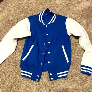 Blue and white varsity jacket